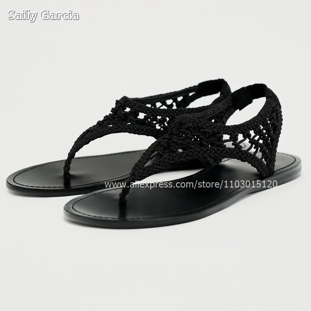 

Retro Black Weave Slip On Roman Style Flip Flops Sandals Summer New INS Fashion Daily Casual Flats Open Toe Hollow Beach Shoes