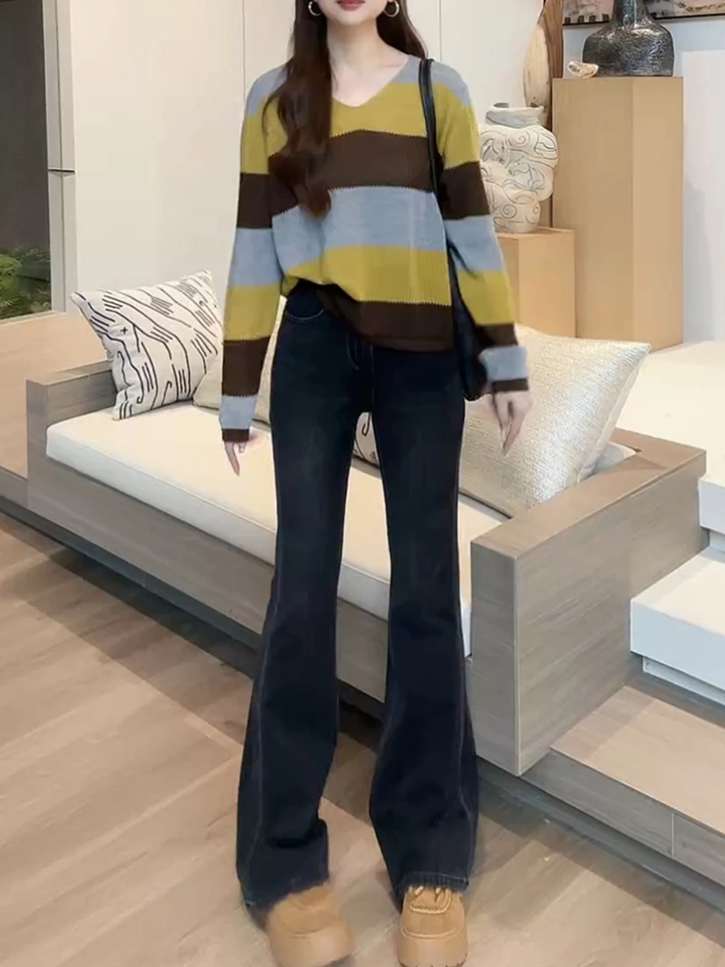 بلوفر صيفي فضفاض بأكمام طويلة بنمط كوري مريح ومخطط، مناسب للارتداء اليومي، أنيق وواسع