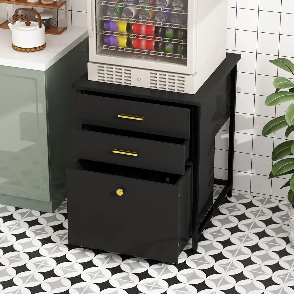 عربة مطبخ ذات سطح خشبي أسود مع 3 أدراج وخزانة واحدة وعجلات دوارة