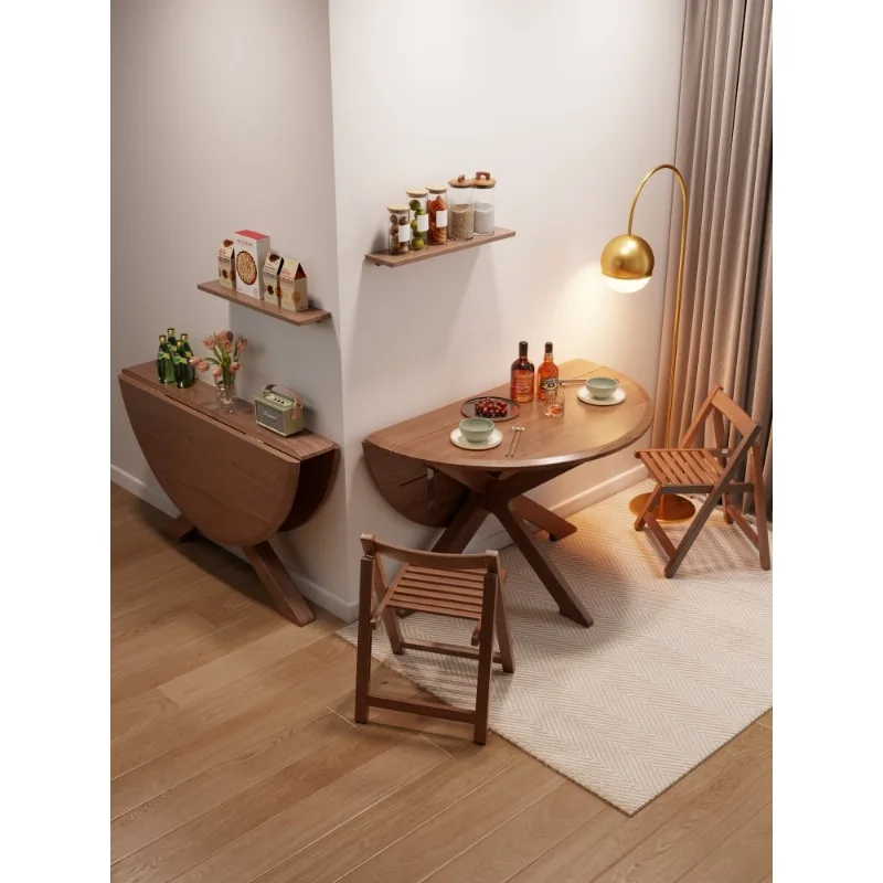 

Solid wood folding round table, small apartment dining table