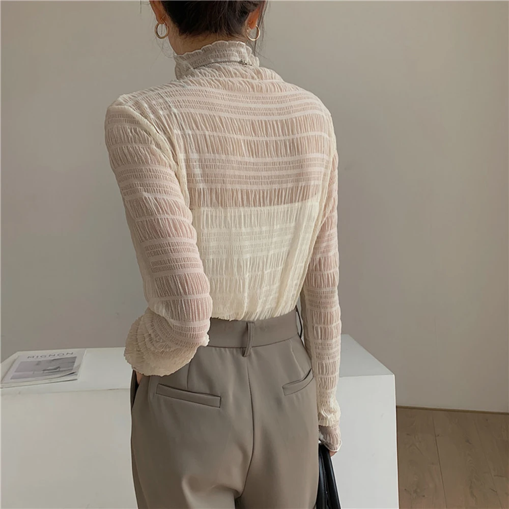 Ruffled High Neck Soft Lace Blouse Women's 2026 Early Spring Elegant Slim Fit Long Sleeve Solid Color Wrinkled Under Top Shirt