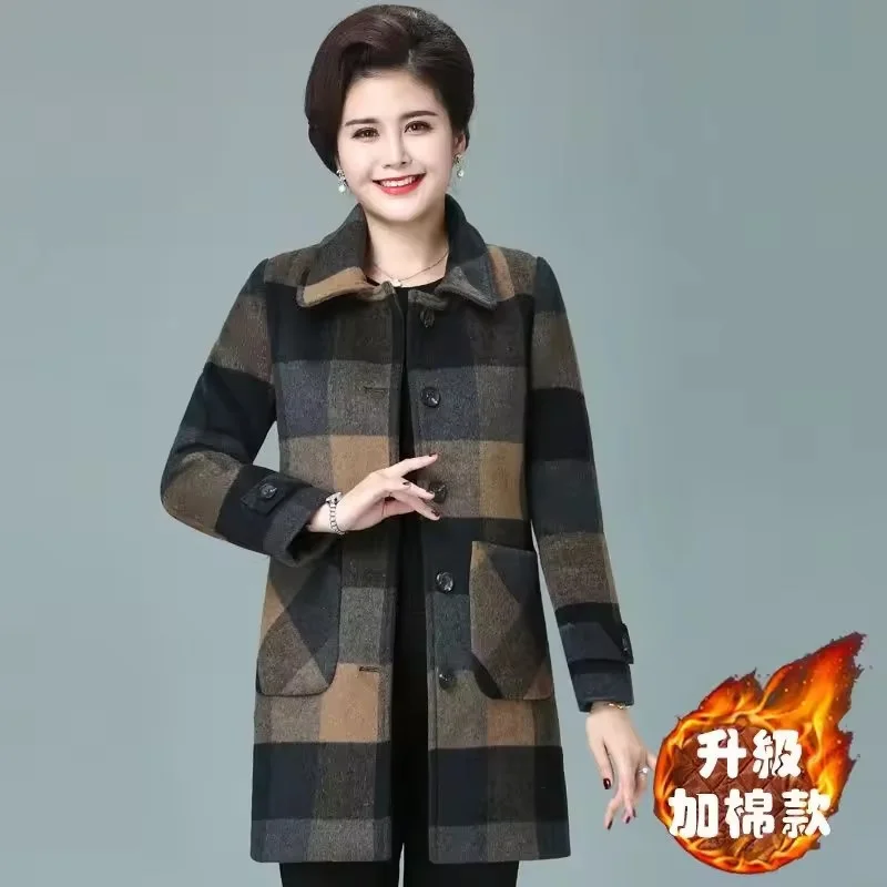 2025 Winter Women Medium Long Styles Woolen Coat Ladies Lattice Woollen Overcoat Korean Female Large Size 5XL Wool Blend Jacket