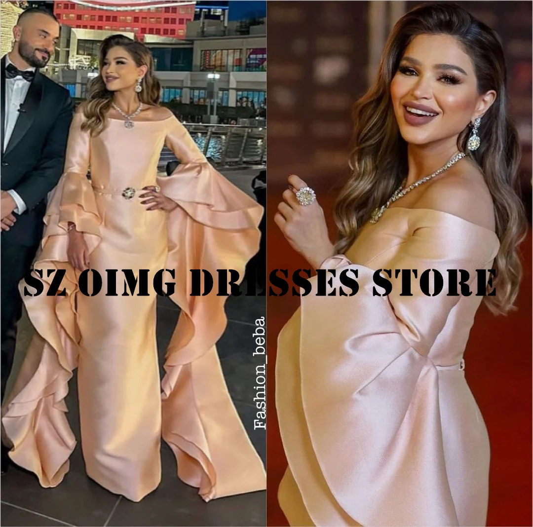 

OIMG New Design Pink Prom Dresses Arabic Women Ruched Long Sleeves Floor Length Off-Shoulder Evening Gowns Formal Party Dress