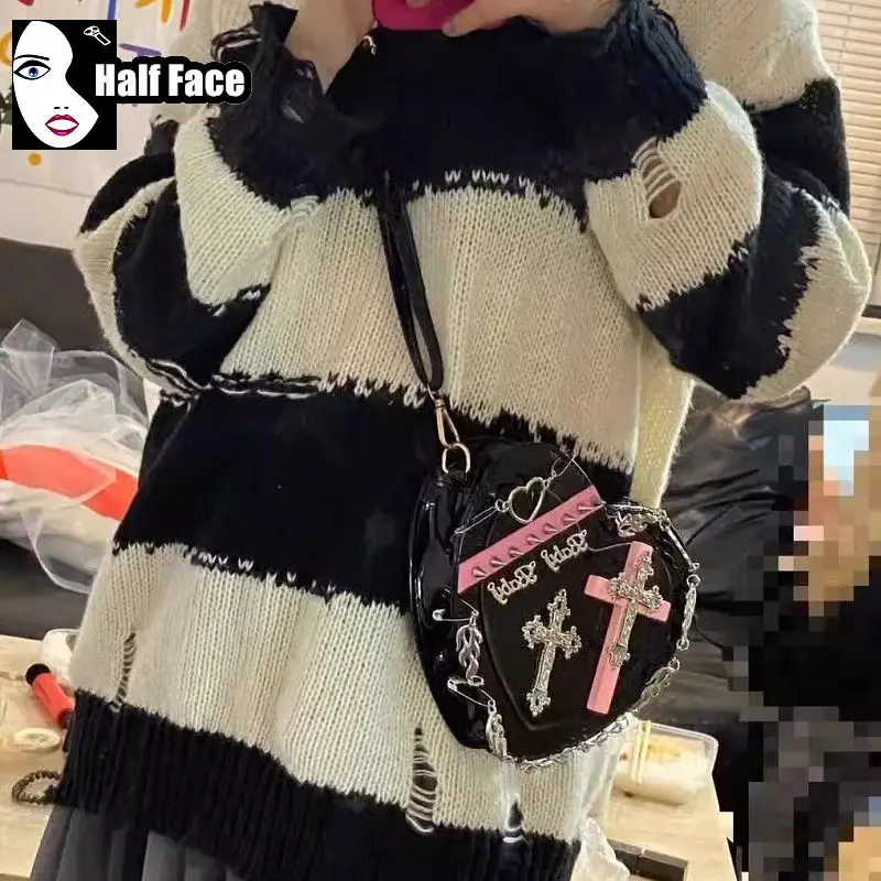 Y2K dziewczęce Harajuku gotycka torebka w kształcie serca spersonalizowany projekt Lolita na jedno ramię punkowy krzyż damska torba Crossbody