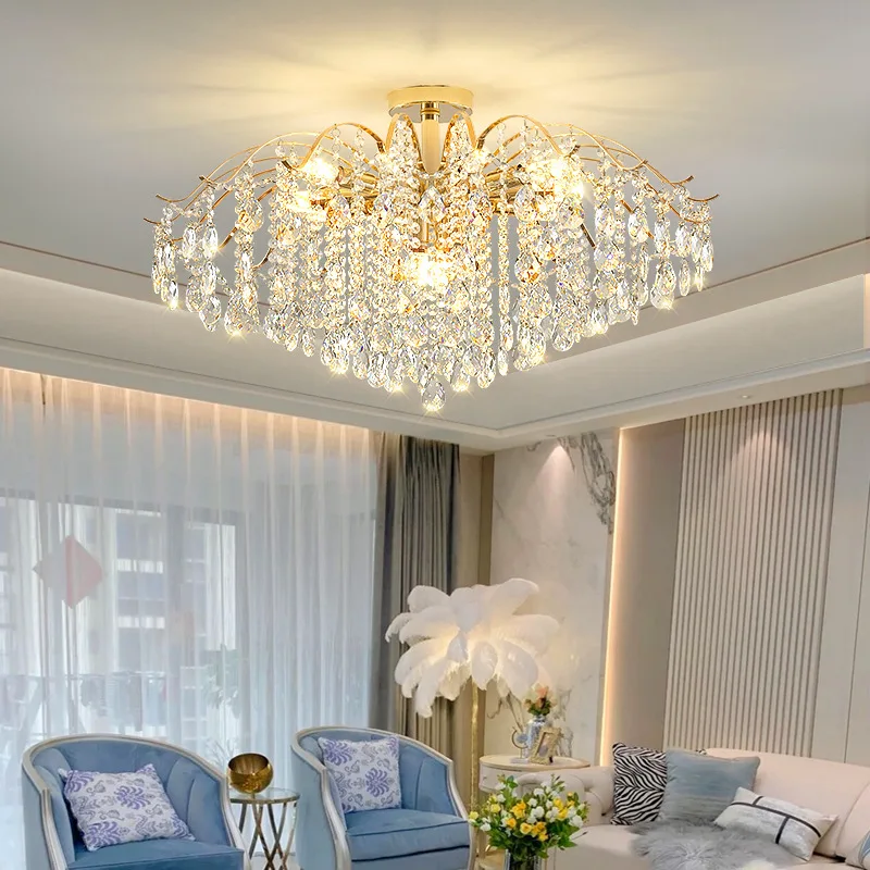 Modern French Crystal LED Lights Chandelier Living Room Bedroom Gold Ceiling Lamp Hanging Light Fixture Home Decoration Luxury