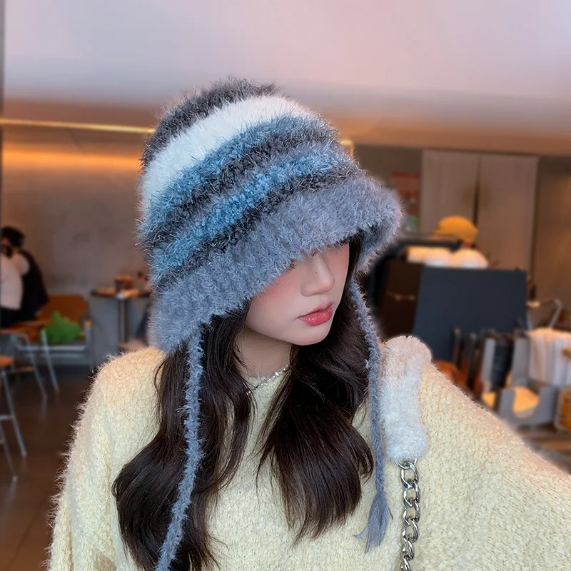 

Y2K Cute Beanie Autumn Winter Women Warm Japanese Knit Hat Fashion Stripe Pattern Ear Protection Tie Pullover Hat Gorro Bonnet