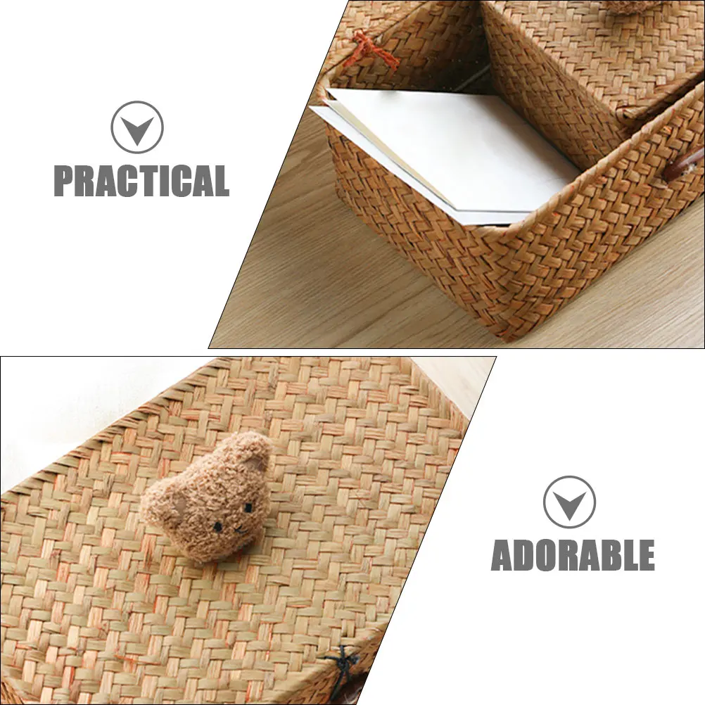 صندوق تخزين السيارة صناديق منسوجة منظم متنوع سلال مصنوعة يدويًا بغطاء مادة القش سلة المهملات تخزين سلة المهملات الداخلية للسيارة