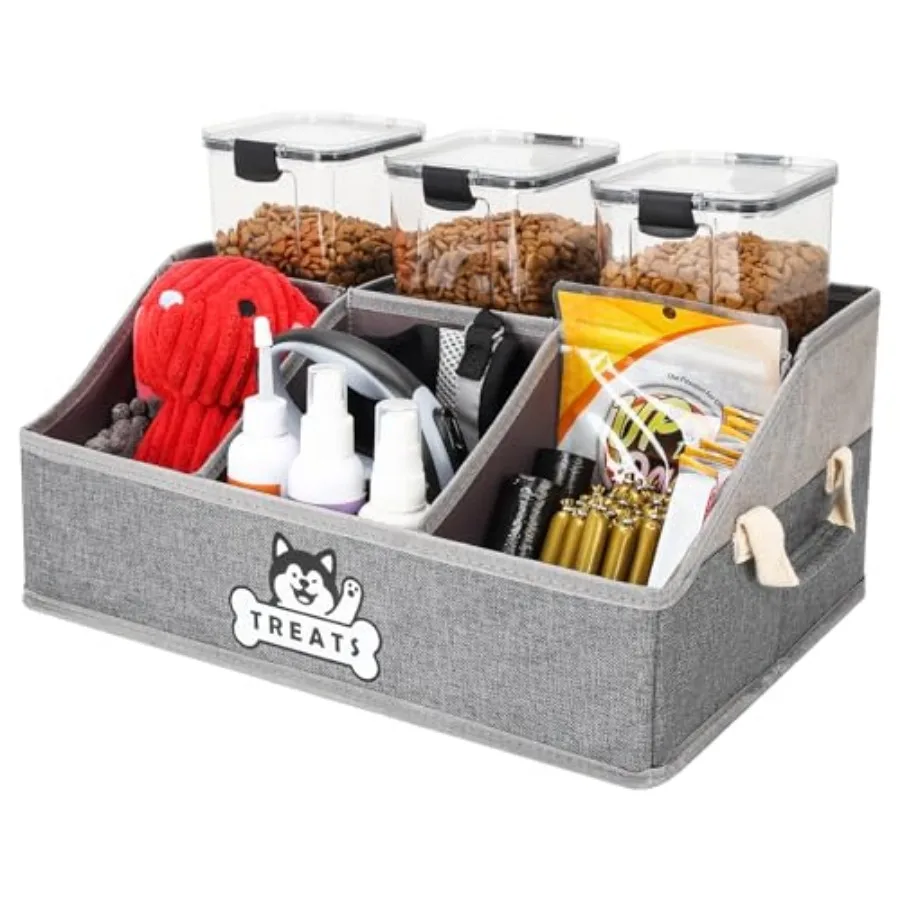 

Dog Treat Container Basket for Countertop, Foldable Pet Toy Box for Living Room Area with Handles, Dog Storage Organizer with R