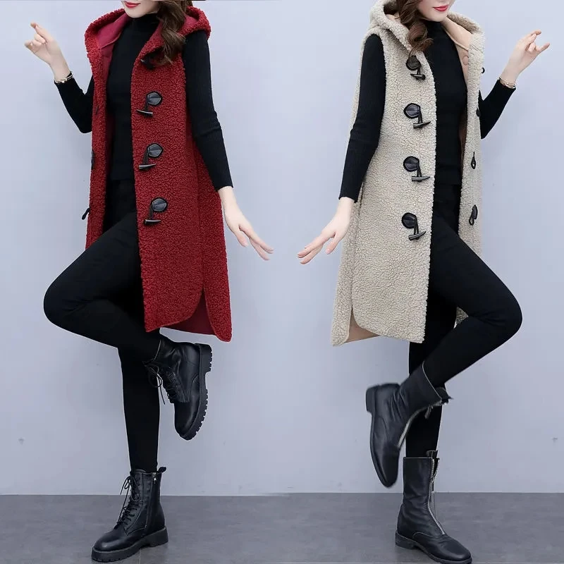 Faux Lamb Velvet Vest Jacket Women Autumn Winter Casual Horn Buckle Hooded Gilet Coat Solid Color Loose Waistcoat Cardigan