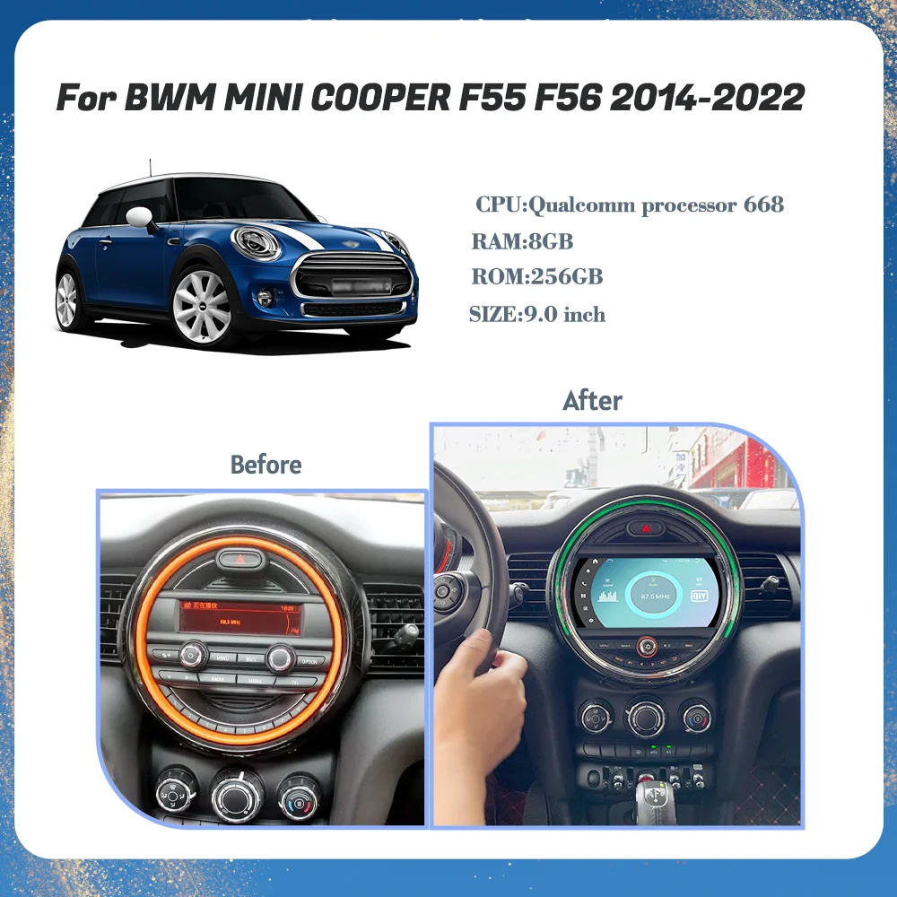 9.0-inch Android 13 For BWM Mini Cooper F55 F56 2014-2022    GPS Navigation Radio Carplay 4G Multimedia Player