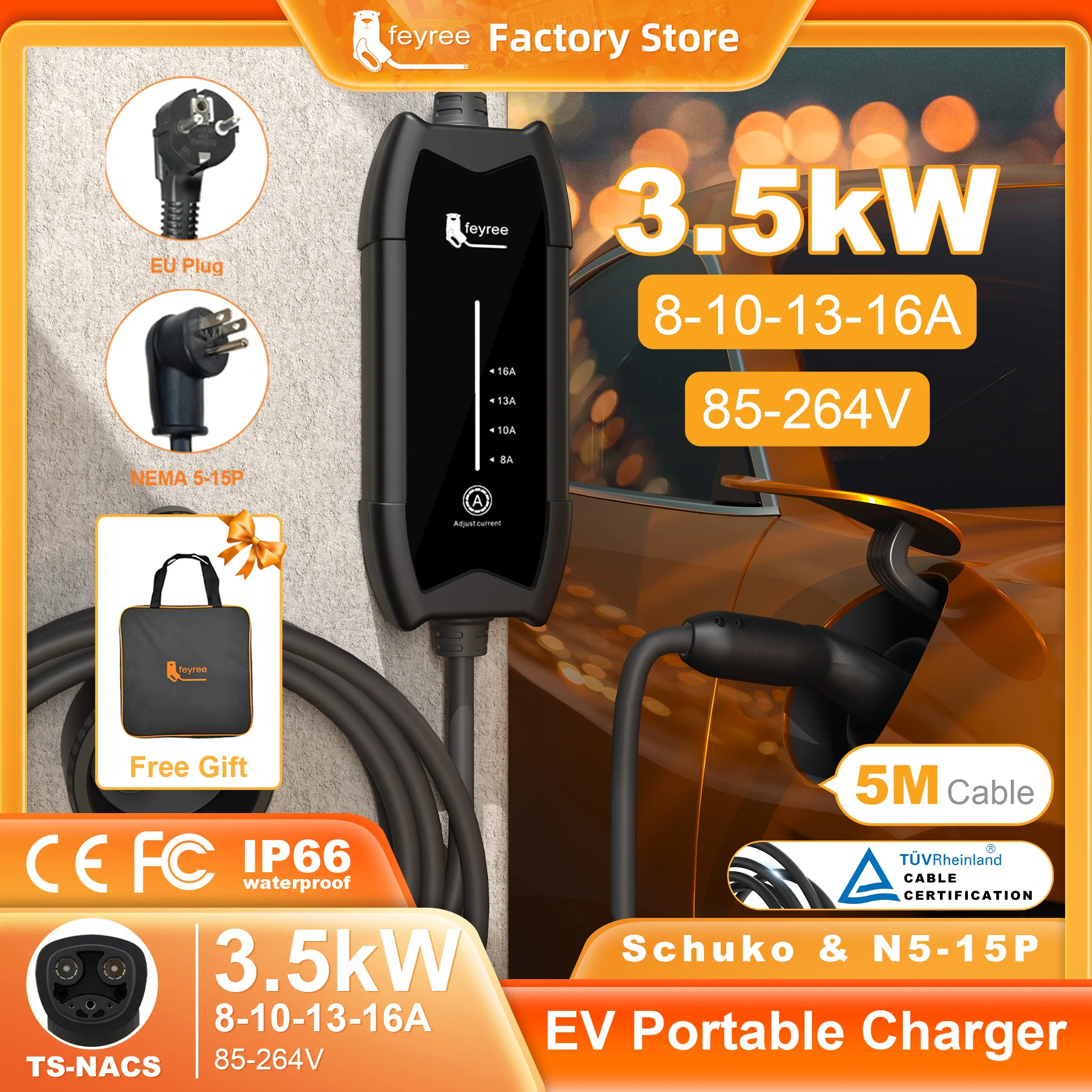 Przenośna ładowarka EV Feyree 3,5kW, stacja ładująca 16A z regulacją prądu, szybkie ładowanie z wtyczką NACS, kompatybilna z samochodami Tesla.