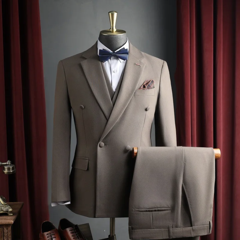 Man 3-piece Set Solid Color Blazer Men Turn Down Collar Double-breasted Vest Straight-leg Pant Male Simple Wedding Suit Outift