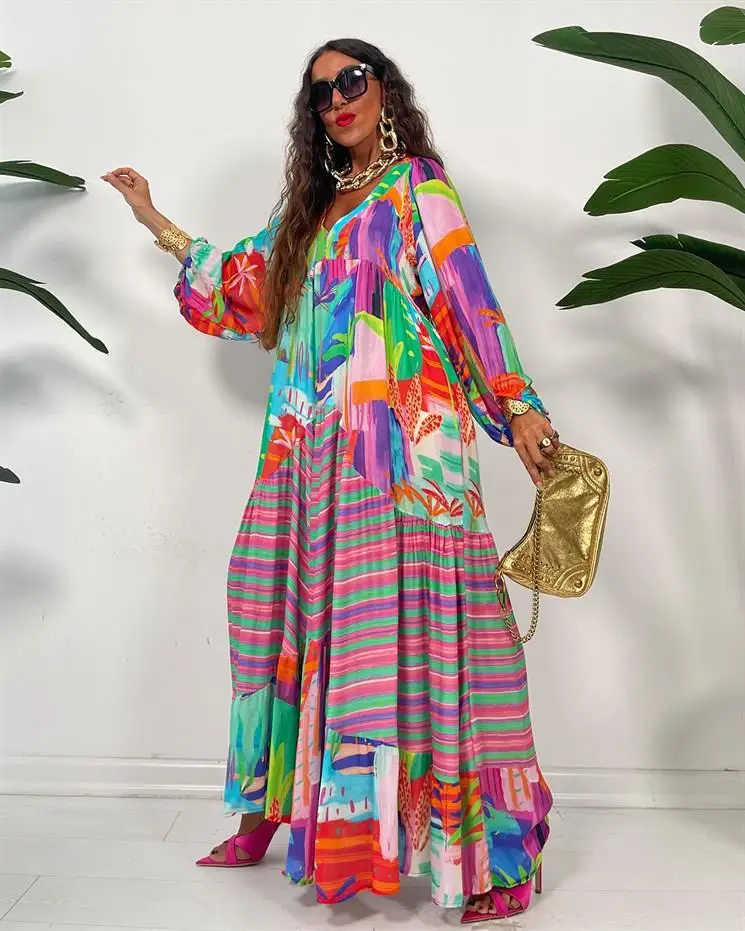 African Print Dresses for Women Summer Sexy African Long Sleeve V-neck Polyester Long Pleated Dress Maxi Dress African Dresses