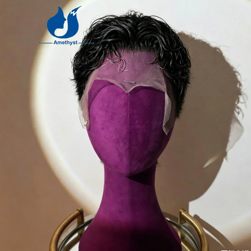 Amethyst Middle Part Wet Curls Male Wig Short Pixie Cut Full Lace Human Hair Wig Shaved Sides for Men Brazilian Remy Hair