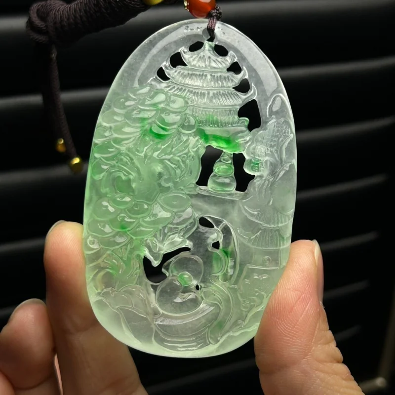 Certified Natural Ice Hollowing out Green jade Jadeite Pendant&NecklacesDouble-Sided Hollow Landscape