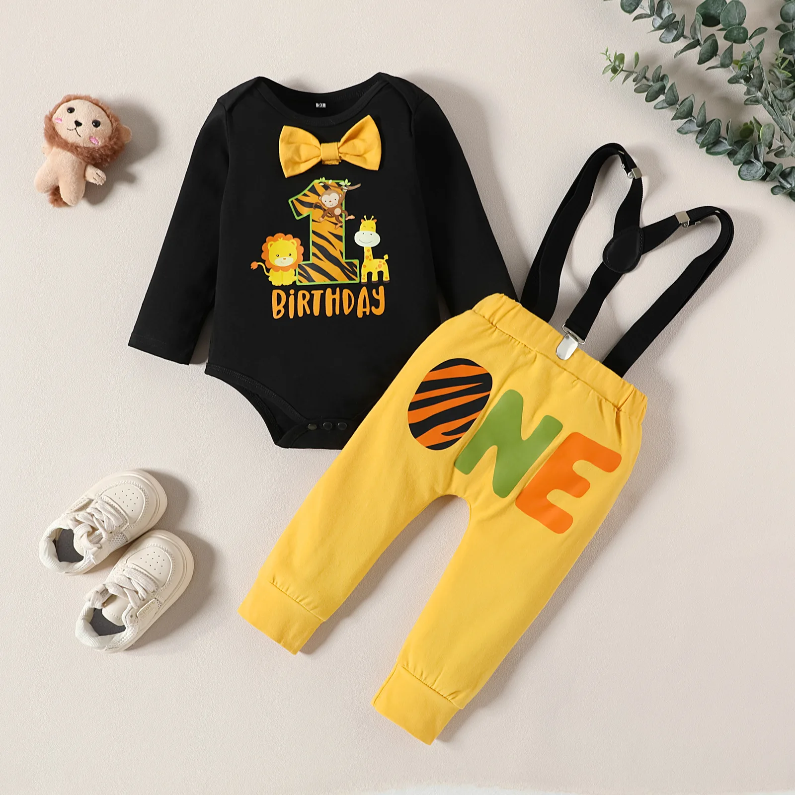 Baby Boy Clothes NO.1 Printed Romper Long Sleeve Bodysuits with Suspender Pants First Birthday Outfit for Cake Smash Photograph