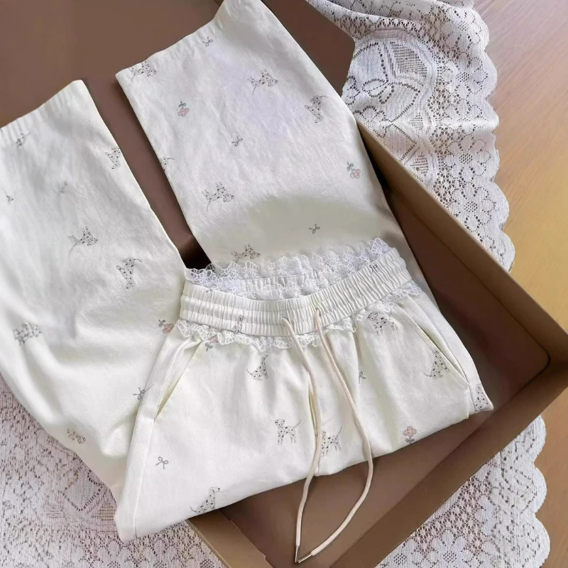 Korean Retro Casual Versatile Lace-trimmed Design Straight-leg Pants 2026 Spring Fashionable Slimming Wide-leg Pants for Women