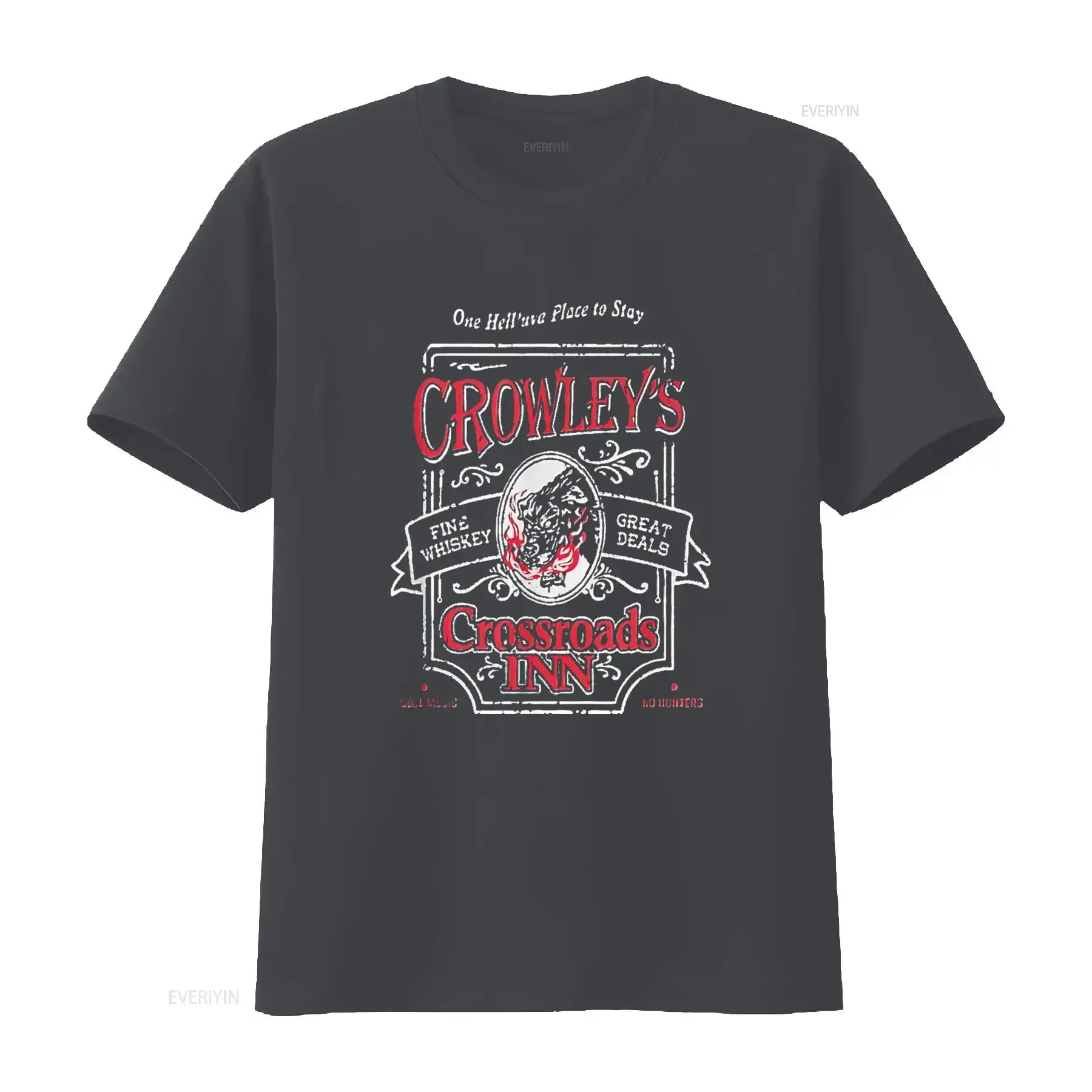 Camiseta masculina sobrenatural crowley s crossroads inn, preto, médio, vintage, lavado, gráfico macio, casual, streetwear, unissex, esticada