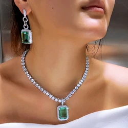CWWZircons Sparkling Green Cubic Zircon Big Rectangle Tennis Chain Necklace Pendant Earrings Wedding Jewelry Set for Party T0859