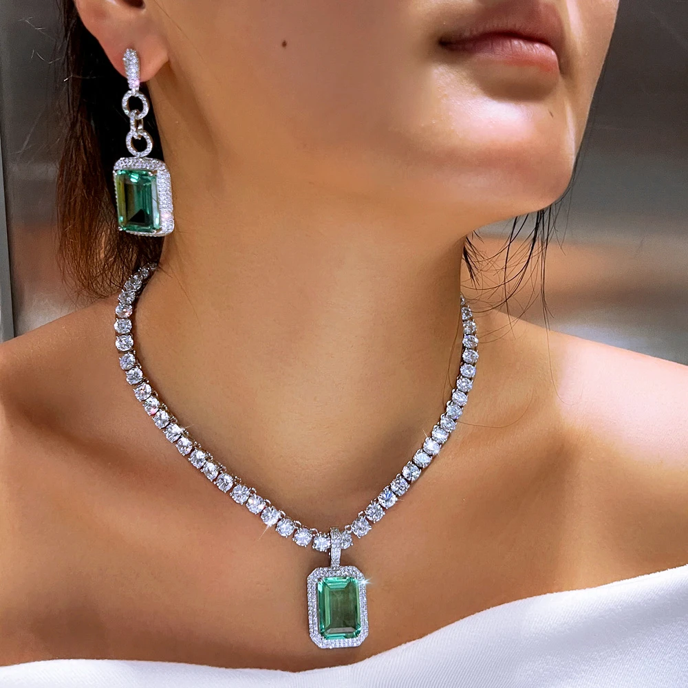 CWWZircons Sparkling Green Cubic Zircon Big Rectangle Tennis Chain Necklace Pendant Earrings Wedding Jewelry Set for Party T0859