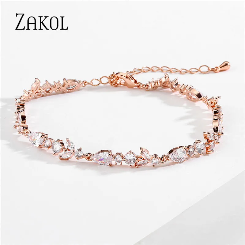 ZAKOL Fashion Leaf Bridal Bracelets for Women Shinny Cubic Zirconia Adjustable Chain Charm Bracelet Party Wedding Jewelry BP5034