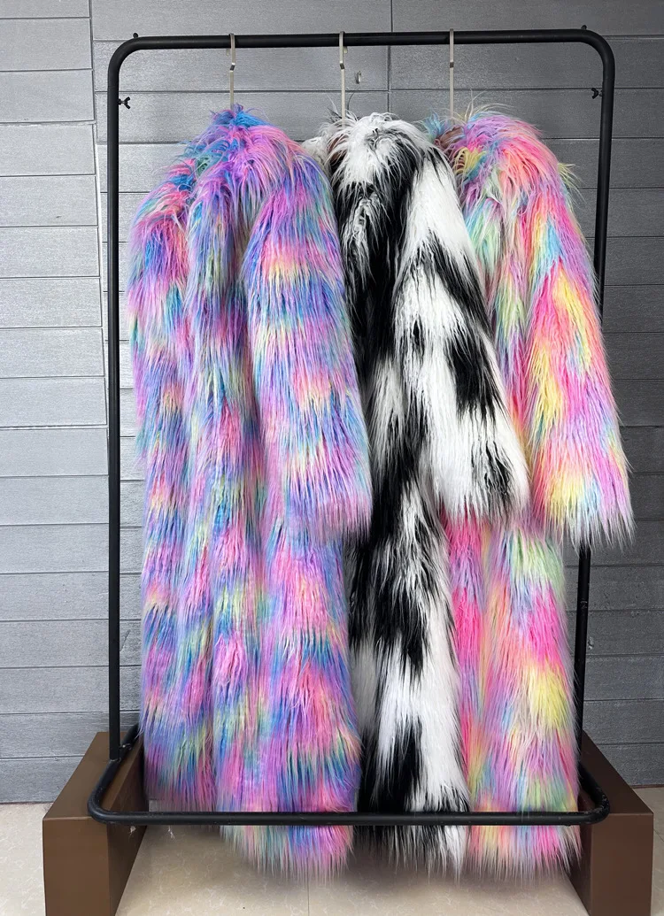 DEAT 2026 Winter New Items Imitation Colorful Long Coat For Women Faux Fur Suit Collar Long Sleeve Trench Jacket Female 11A05577