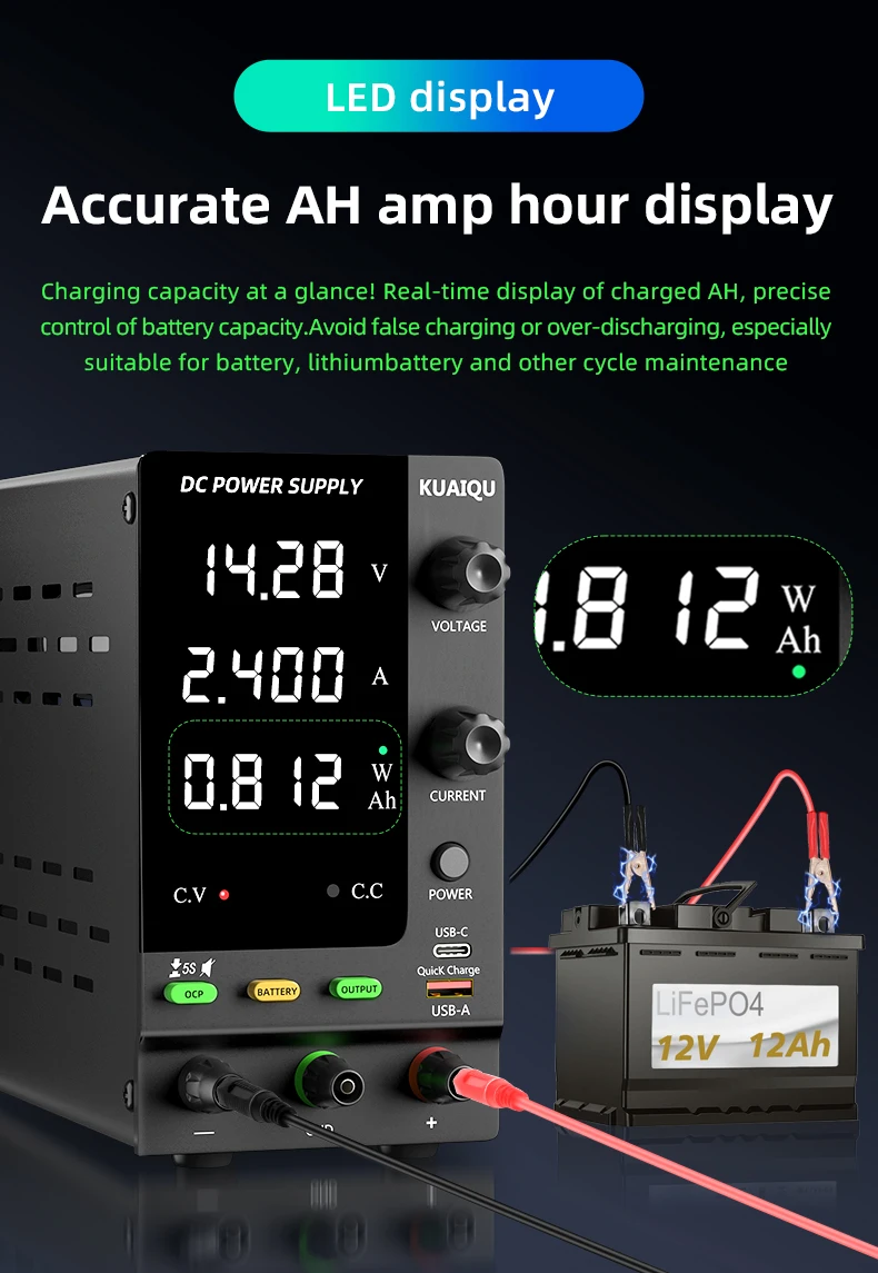 KUAIQU Lab Bench Power Supply Adjustable 3.7V 4.8V 12V 24V 48V 60V 72V 100V Battery Charging For R&D,Activate battery,BMS Test