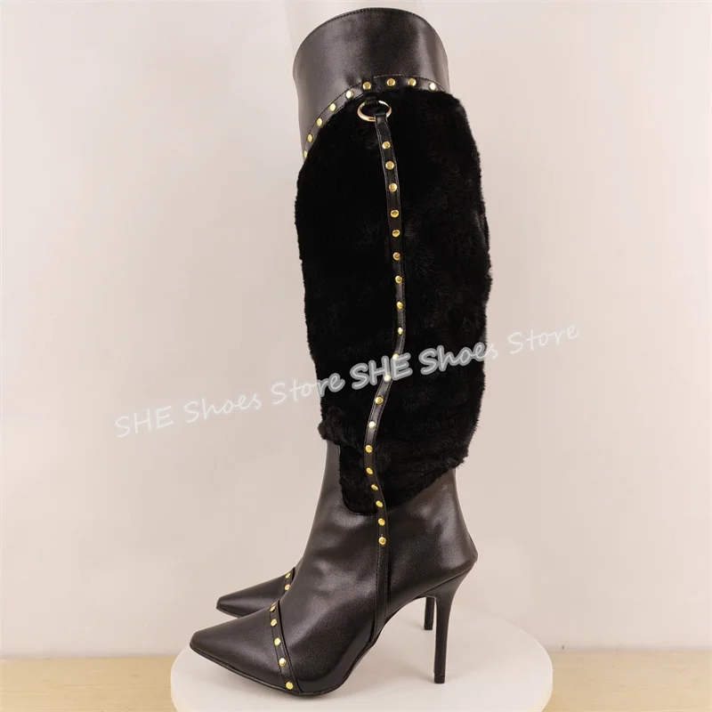 

Winter Warm Fur Splicing Women Knee High Boots Rivet Metal Decor Pointed Toe High Heel Long Boots Lady Slip-On Long Boots
