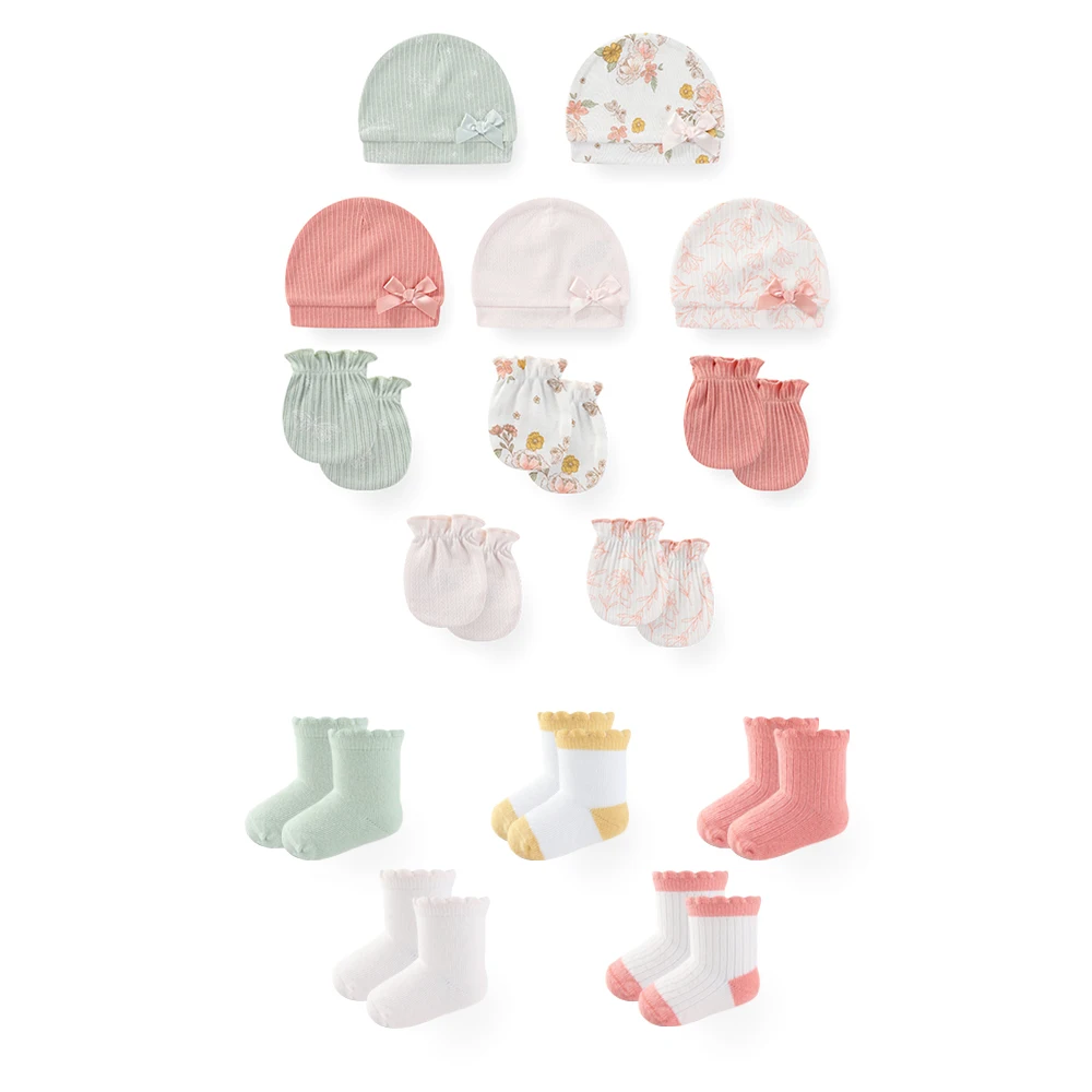 

15-Pack Fashion Baby Boy Girl Accessories 0-6 Months Newborn Hats+Mittens+Socks Four Seasons Infant Essential