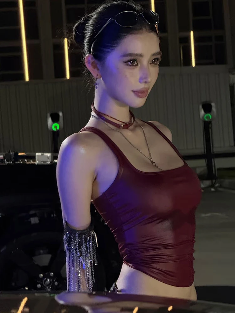 Nibber Coquette Faux Leather Camisole Tops Women Y2K Square Collar Skinny Midnight Street Club Trend Hottie Wild Basic Vests