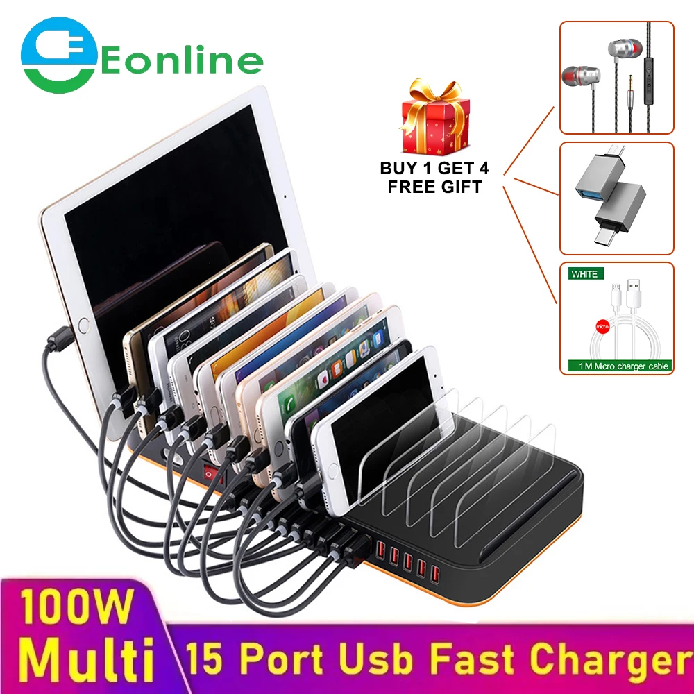 EONLINE Buy 1 Get 4 Gift 100W Multi USB Charger 15 Port Usb Fast Charger Quick Charge Charging Station For Iphone Samsung