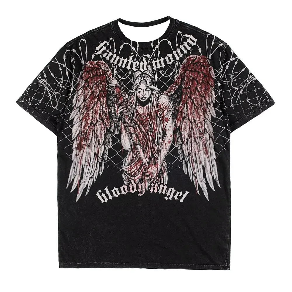 American Goth Haunted Mound Graphic T-shirt Printed Men Women Y2K Grunge Summer Short-sleeved Oversized T-shirt Streetwear Top