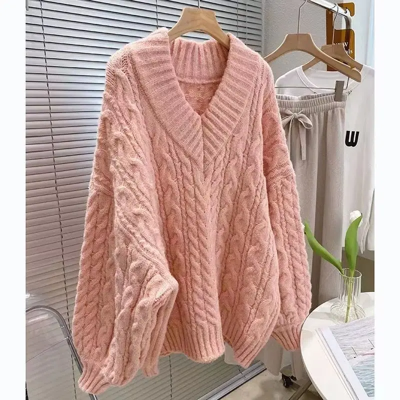 Suéter grueso de manga larga con cuello en V para mujer, Top de punto cálido holgado y adelgazante, estilo perezoso, Otoño e Invierno