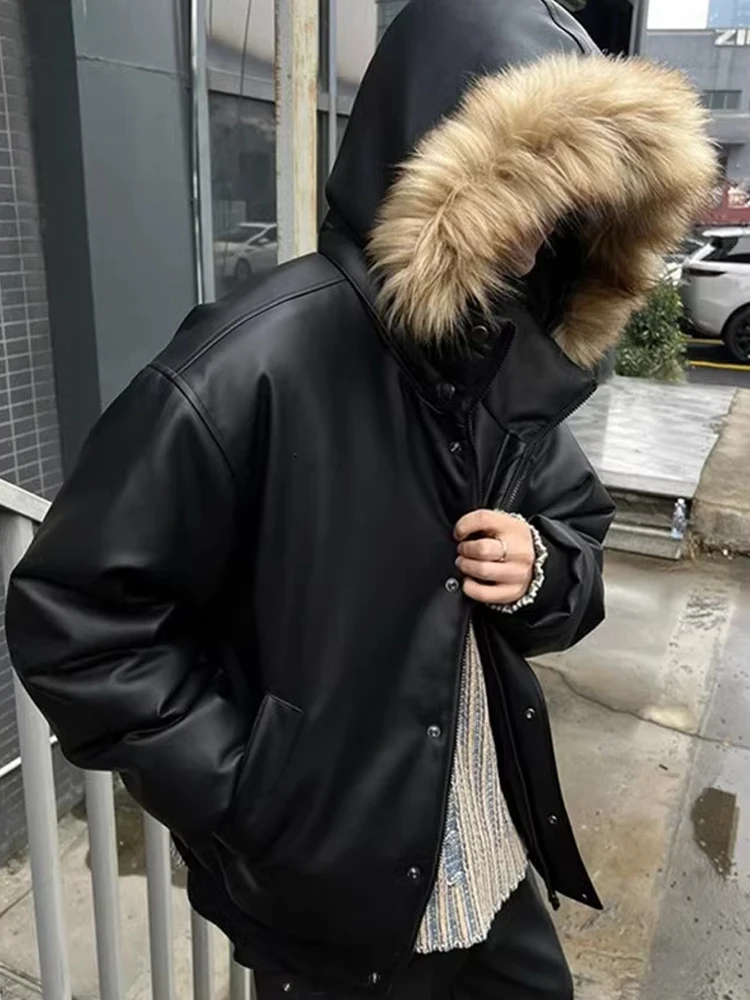 

Retro American Sle Thiened PU Leather Cotton Jaet for Men with Detachable Fur Collar Warm Winter Outerwear Coat