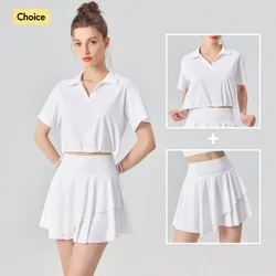 UPF 50+ Outdoor and Tennis Short Sleeve Shirt and Skirt 2 Piece Set Cool Feel New Fashion Polo Collar Golf Yoga Sets for Women