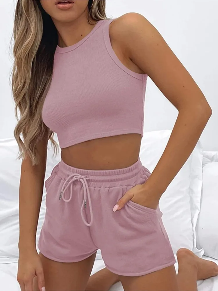 Women\'s Fashion Suits 2024 New Two-piece Summer Solid Color Vest Tops & Ensembles Shorts Lady Casual Sweat Suit Set Female