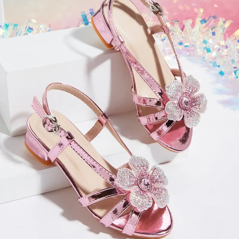 Girl High Heel Sandal2026Summer New Style Light Luxury French Sweet Child Single Shoe Fashion Girl Princess Water Diamond Sandal