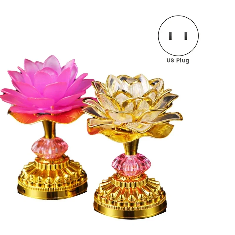 2 sztuki LED Lotus Buddhist Lights Buddha Lotus Lamps Plug In lub Battery-Operated Buddhist Lamp US Plug Gold 58 Songs