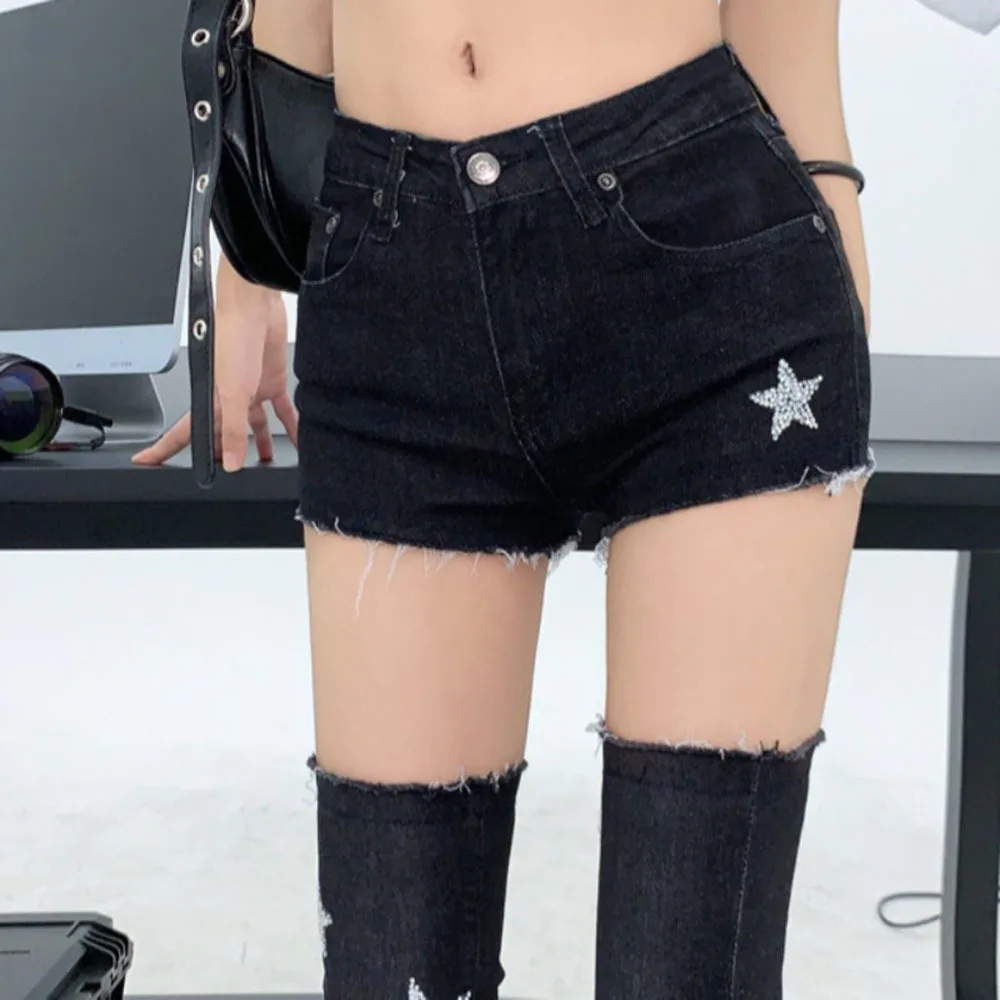 

Punk Black Denim Shorts Women Fashion With Leg Warmer Flare Long Baggy Jeans Women Spring Star Diamonds Pants Goth Short Jeans