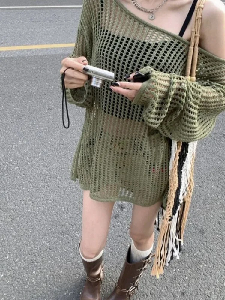 Knitted Pullover Hollow Out O-neck Solid Color Loose Casual Sexy Spring Summer 2024 Korean Fashion T-shirt.