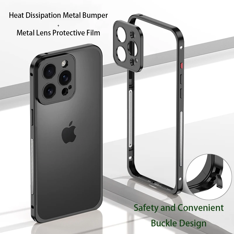 

Роскошный чехол-бампер с рамкой для iPhone 16, 15, 14, 13 Pro Max, металлические линзы с рассеиванием тепла, защитная пленка, бамперы, корпус