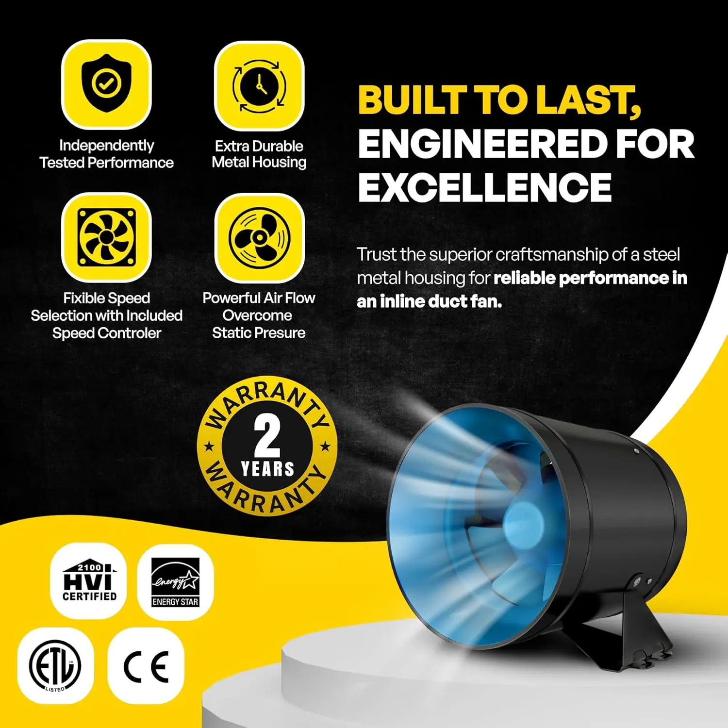 속도 컨트롤러가 포함된 덕트 팬, ECMF-250, 946 CFM, 126W, ETL, HVI 및 Energy Star 등재