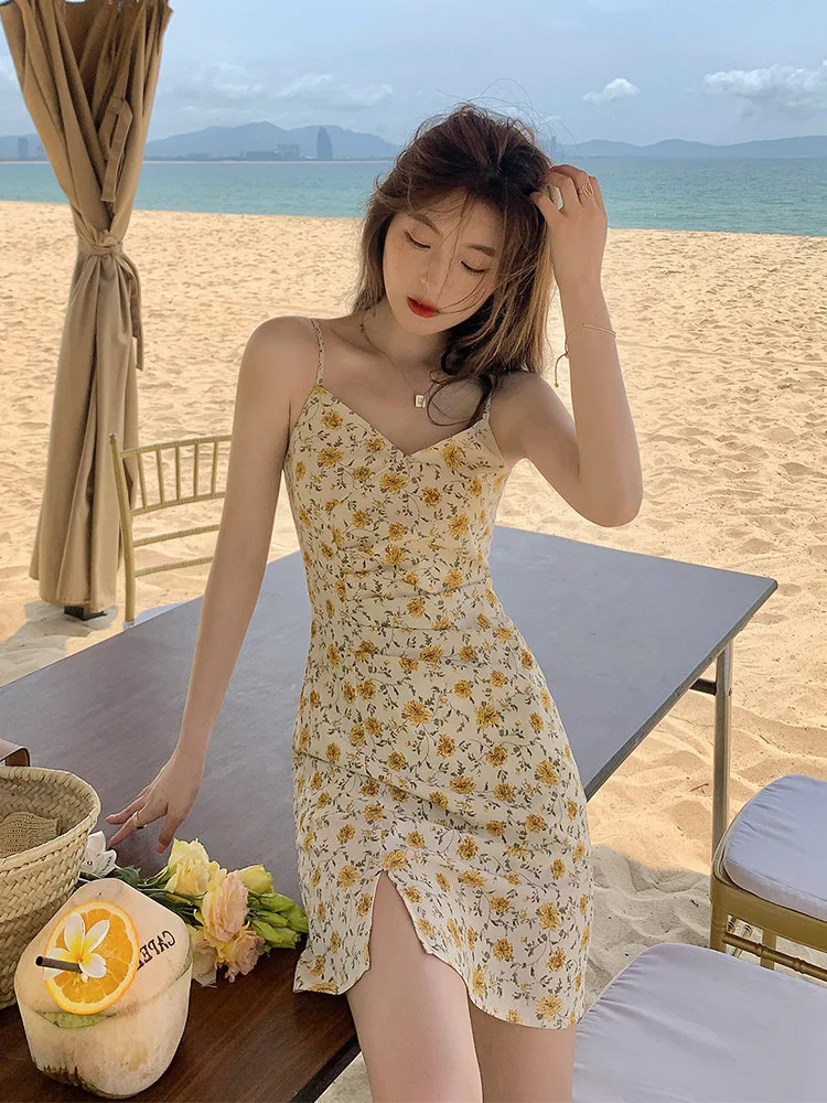 

Dress Women Sexy V-neck Floral Summer Holiday Fashion Korean Style Slim A-line Beach Wear Harajuku Sleeveless Side-slit Vestidos