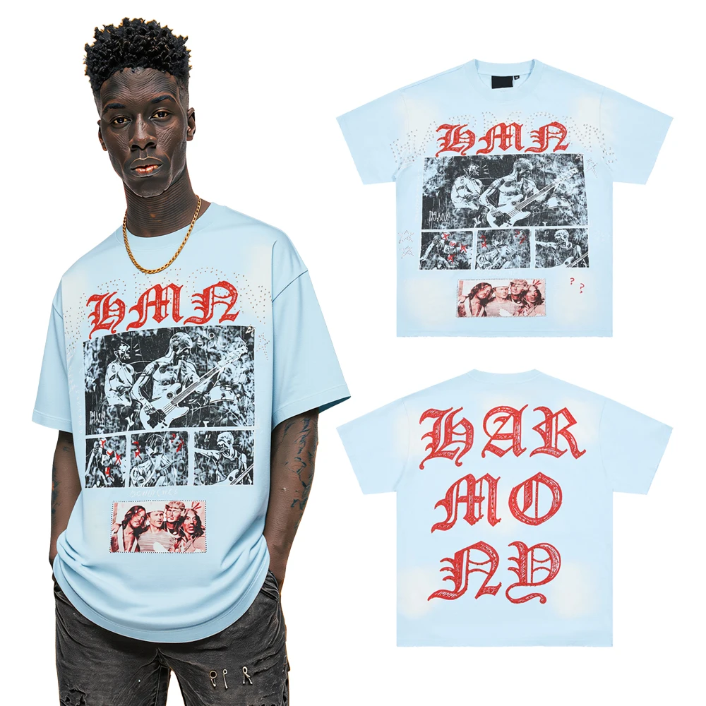 Y2k Vintage Streetwear Rock Revival Graphic T Shirts with Rhinestones Hiphop Street Style Cotton Retro Casual Short Sleeves Tees