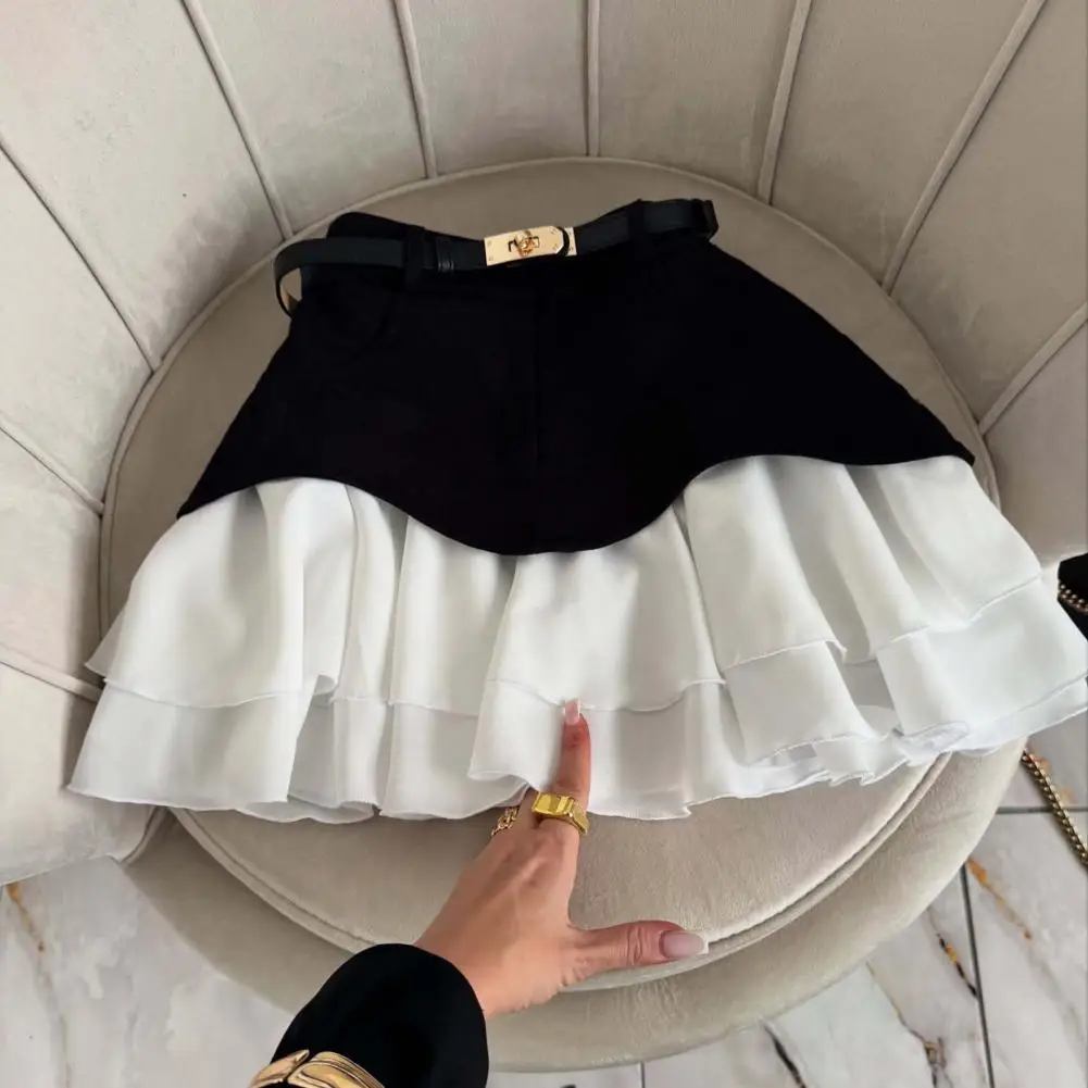 Women's Ruffle Edge Cake Skirt Mini Dress with Pockets High-Waisted Denim Skirt European And American Cross-Border A-line Skirt