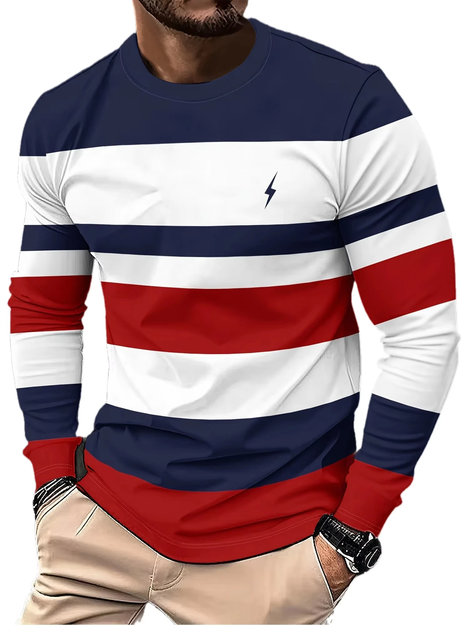 

Мужская полосатая футболка с круглым вырезом и длинным рукавом, модная дышащая футболка в уличном стиле, повседневный комфортный топ, осенняя толстовка