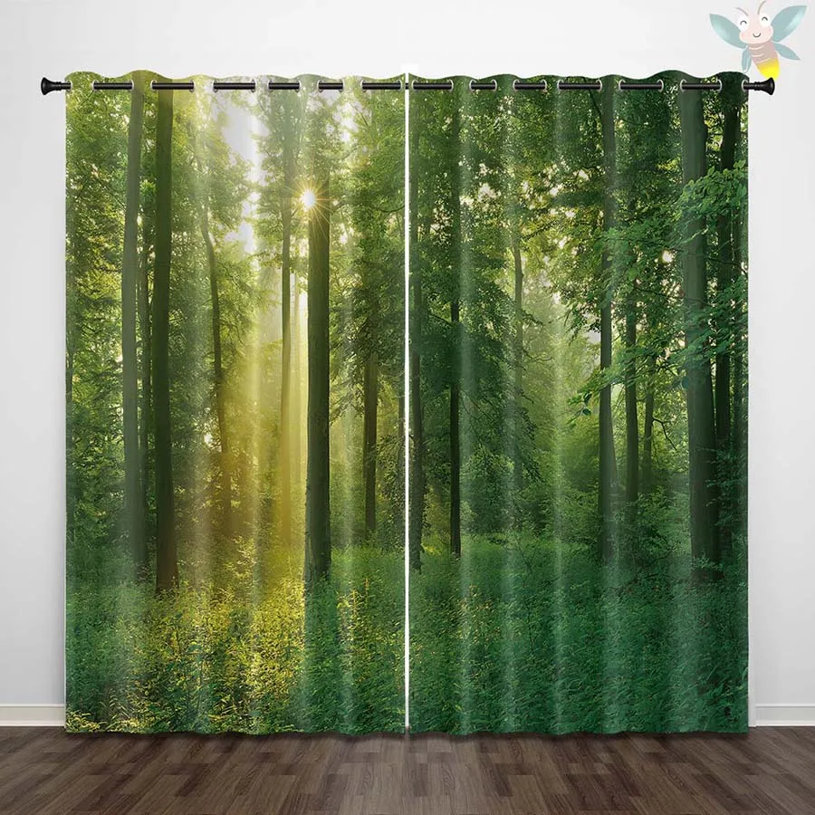 2PC high blackout perforated curtains, double-sided matte, bedroom, balcony, living room, fresh green forest print