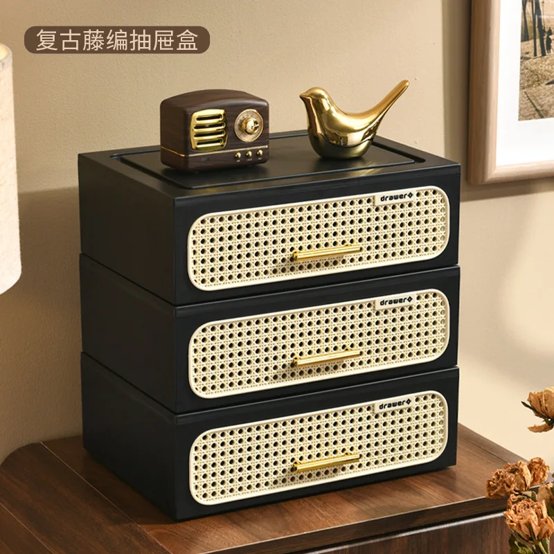 Vintage rattan woven study drawer storage boxs, cosmetics sorting box, bedroom storages cabinet