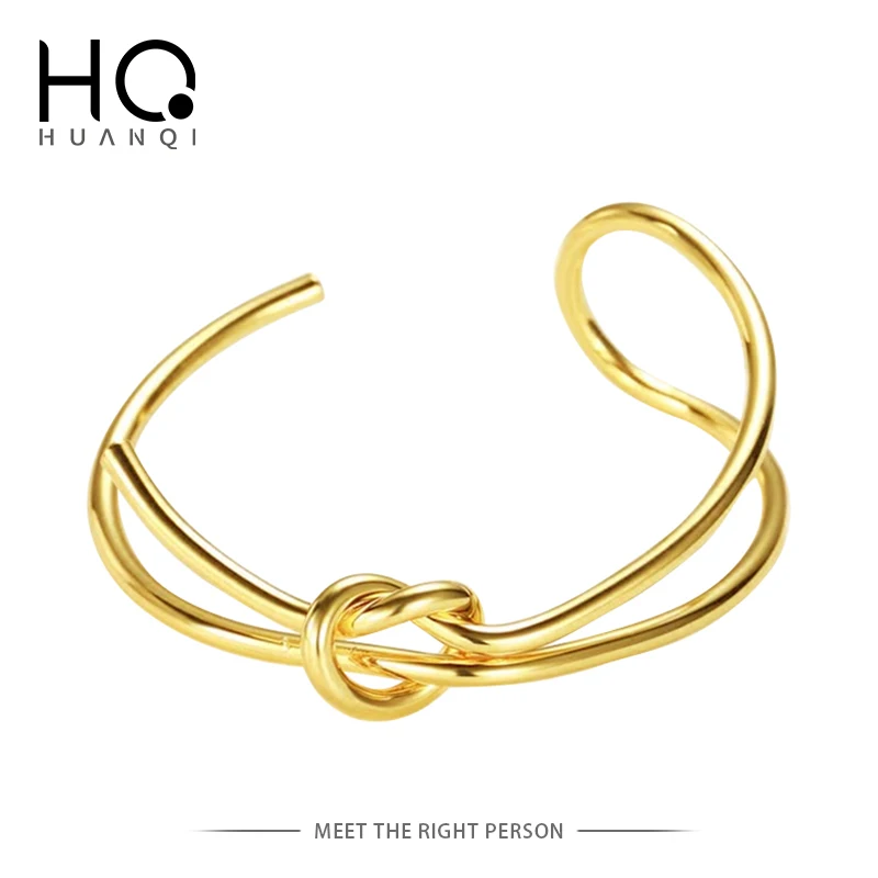 HUANQI 2019 New Design Metal Gold Color Copper Plated Double Layer Knot Bracelets for Women Girl Bangle Party Jewelry Gift