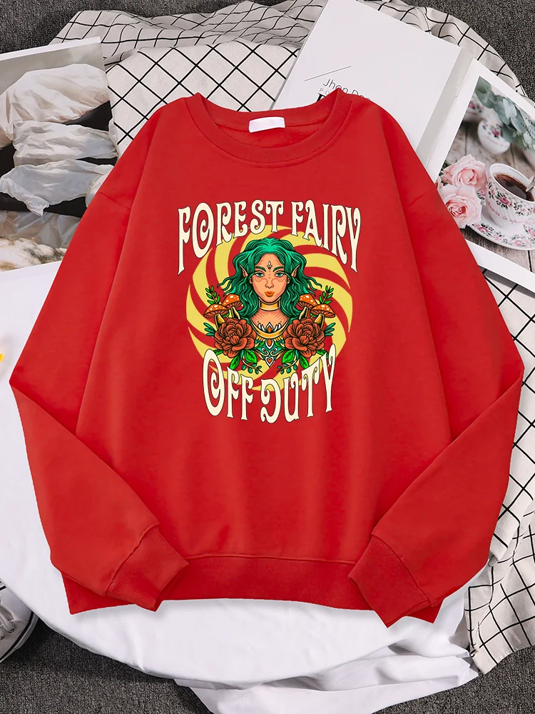 Forest Fairy Off Duty Green Haired Elf With Mushroom Flowers Print Women Hoodies Fleece Sweatshirt O-Neck Fashion Woman Pullover